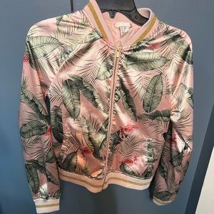 H& M pink satin bomber jacket with tropical plant print